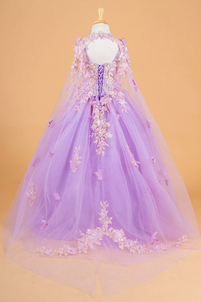Girls 3D Floral Cape Gown by Elizabeth K GK119 - Girls Formal Dresses