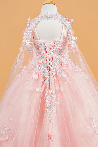 Girls 3D Floral Cape Gown by Elizabeth K GK119 - Girls Formal Dresses