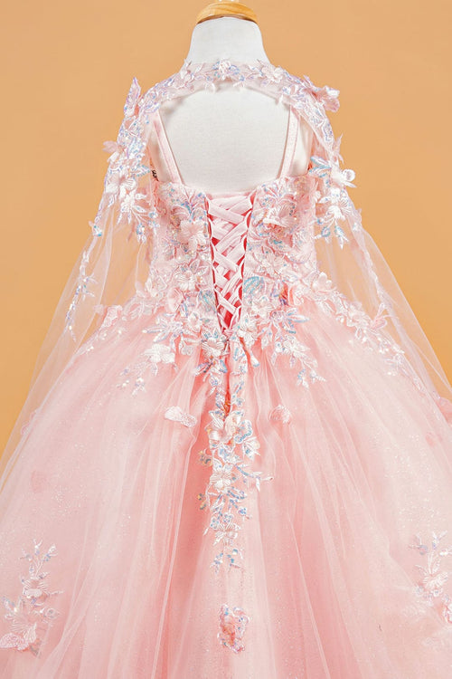 Girls 3D Floral Cape Gown by Elizabeth K GK119 - Girls Formal Dresses