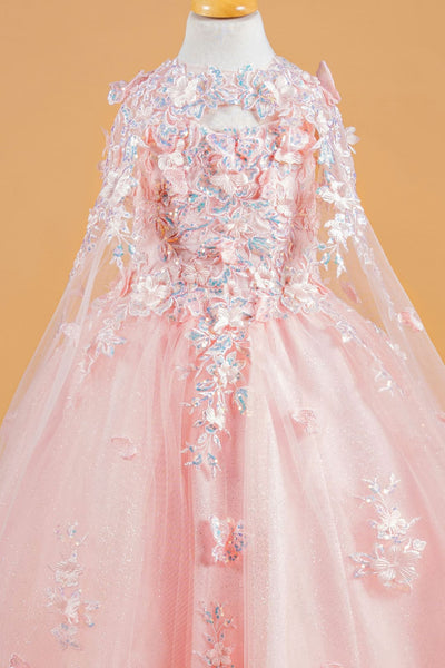 Girls 3D Floral Cape Gown by Elizabeth K GK119 - Girls Formal Dresses