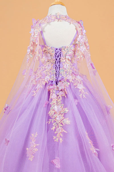 Girls 3D Floral Cape Gown by Elizabeth K GK119 - Girls Formal Dresses