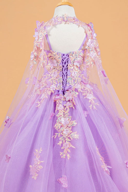 Girls 3D Floral Cape Gown by Elizabeth K GK119 - Girls Formal Dresses