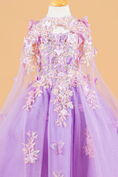 Girls 3D Floral Cape Gown by Elizabeth K GK119 - Girls Formal Dresses