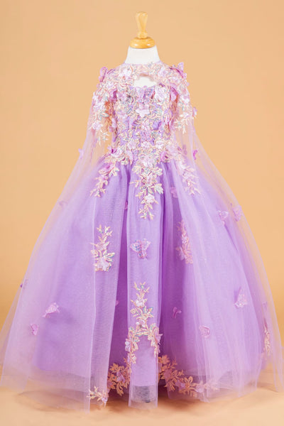 Girls 3D Floral Cape Gown by Elizabeth K GK119 - 2 / Lilac - Girls Formal Dresses