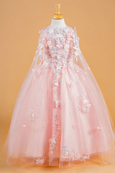 Girls 3D Floral Cape Gown by Elizabeth K GK119 - 2 / Pink - Girls Formal Dresses