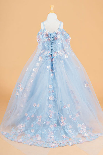 Girls 3D Floral Cape Sleeve Gown by Elizabeth K GK118 - Girls Formal Dresses