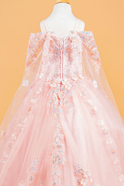 Girls 3D Floral Cape Sleeve Gown by Elizabeth K GK118 - Girls Formal Dresses