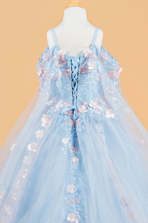 Girls 3D Floral Cape Sleeve Gown by Elizabeth K GK118 - Girls Formal Dresses