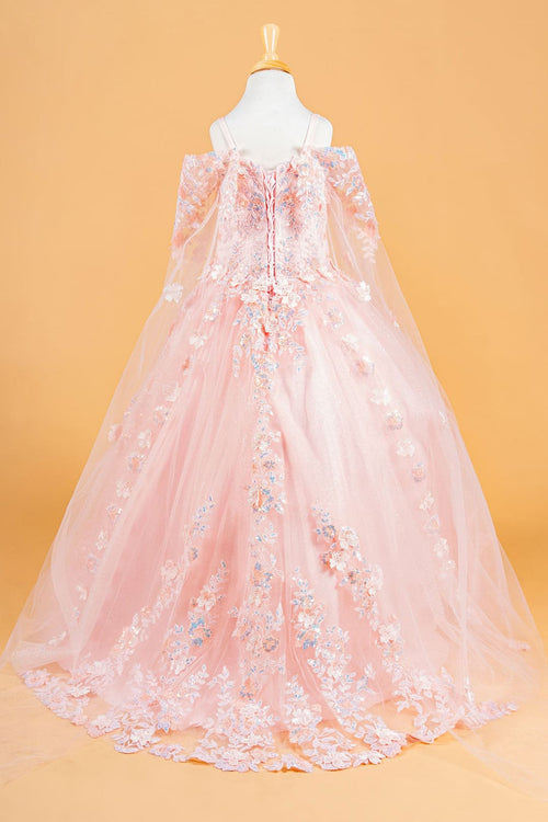 Girls 3D Floral Cape Sleeve Gown by Elizabeth K GK118 - Girls Formal Dresses