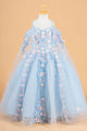 Girls 3D Floral Cape Sleeve Gown by Elizabeth K GK118 - 2 / Blue - Girls Formal Dresses