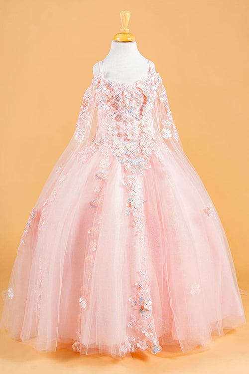 Girls 3D Floral Cape Sleeve Gown by Elizabeth K GK118 - 2 / Blush - Girls Formal Dresses