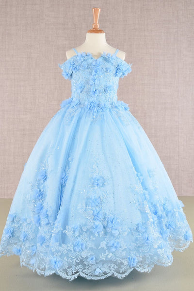 Girls 3D Floral Cold Shoulder Gown by Elizabeth K GK110 - 2 / Baby Blue - Girls Formal Dresses
