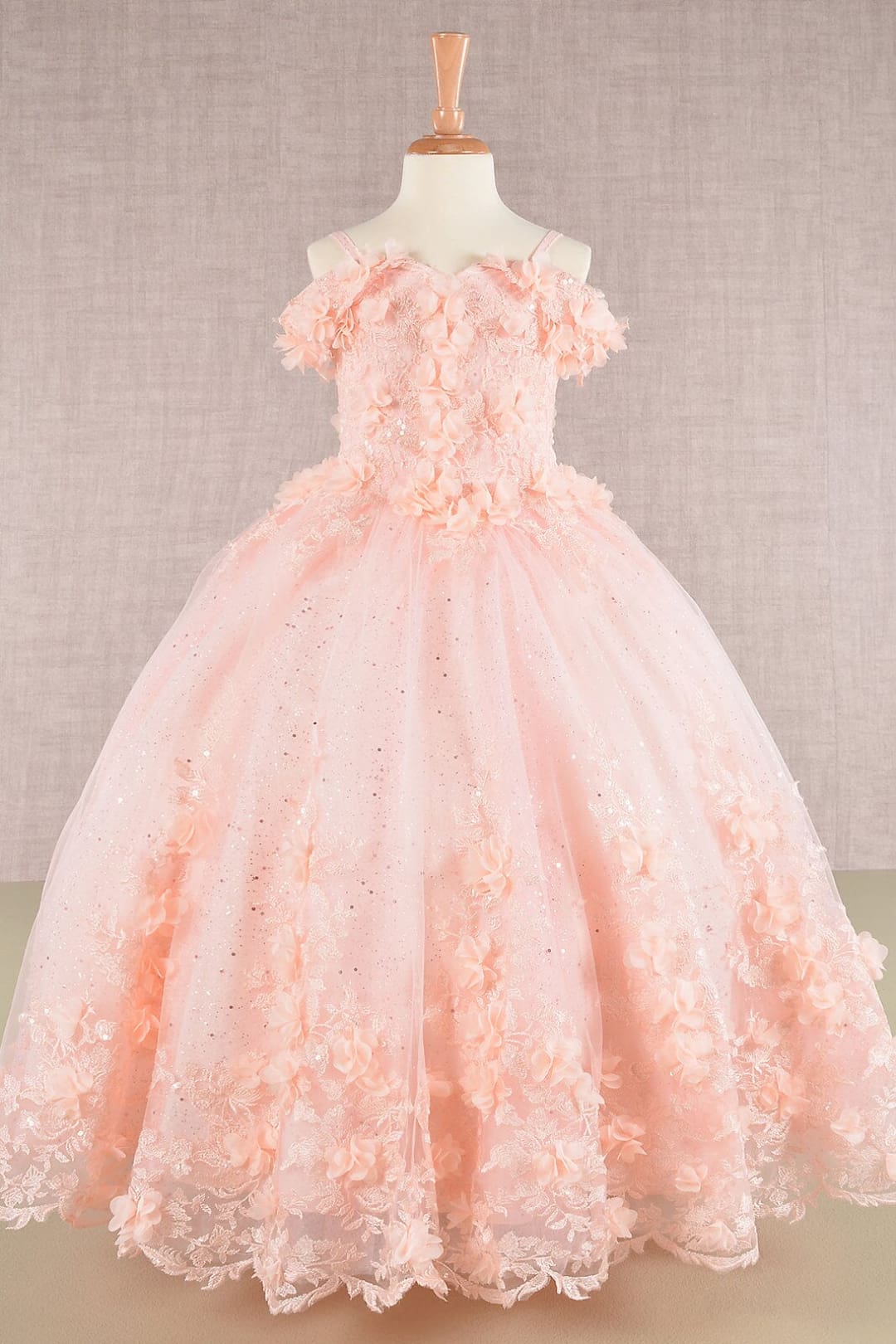Girls 3D Floral Cold Shoulder Gown by Elizabeth K GK110 - 2 / Blush - Girls Formal Dresses