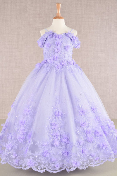 Girls 3D Floral Cold Shoulder Gown by Elizabeth K GK110 - 2 / Lilac - Girls Formal Dresses