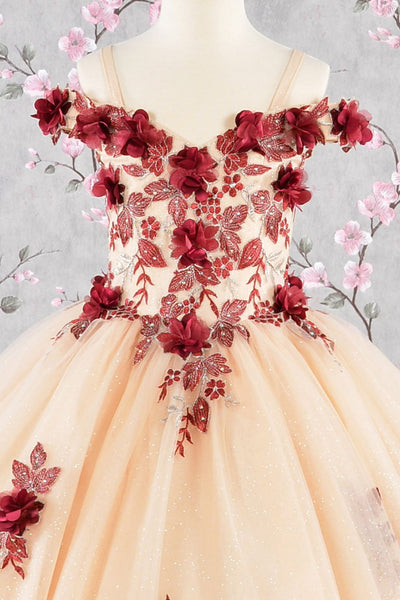 Girls 3D Floral Cold Shoulder Gown by Elizabeth K GK115 - Girls Formal Dresses