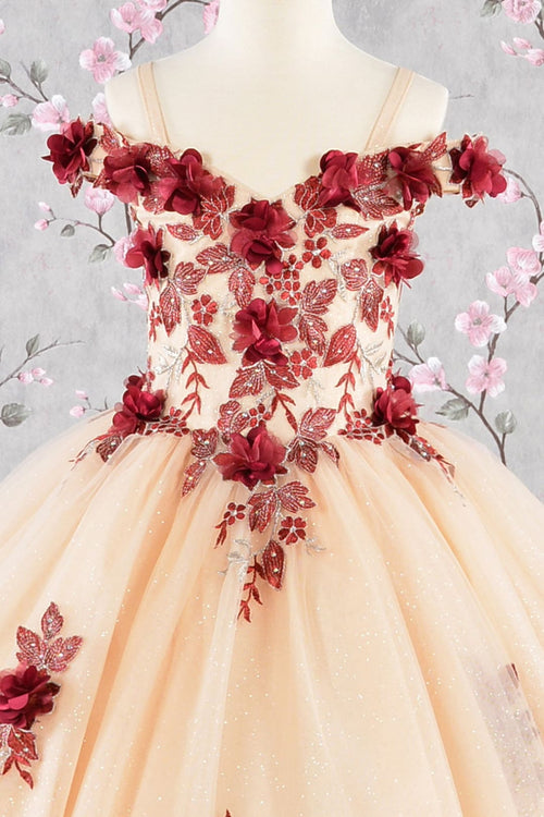 Girls 3D Floral Cold Shoulder Gown by Elizabeth K GK115 - Girls Formal Dresses