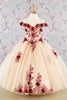 Girls 3D Floral Cold Shoulder Gown by Elizabeth K GK115 - 2 / Burgundy/Nude - Girls Formal Dresses