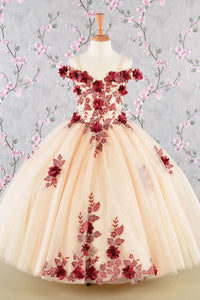 Girls 3D Floral Cold Shoulder Gown by Elizabeth K GK115 - 2 / Burgundy/Nude - Girls Formal Dresses