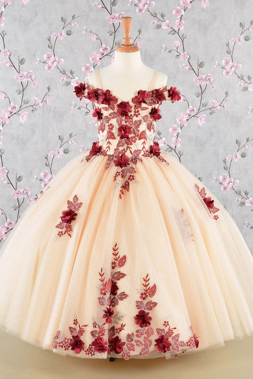 Girls 3D Floral Cold Shoulder Gown by Elizabeth K GK115 - 2 / Burgundy/Nude - Girls Formal Dresses