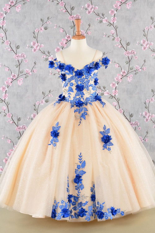 Girls 3D Floral Cold Shoulder Gown by Elizabeth K GK115 - 2 / Royal Blue/Nude - Girls Formal Dresses