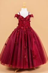 Girls 3D Floral Cold Shoulder Gown by Elizabeth K GK117 - 2 / Burgundy - Girls Formal Dresses