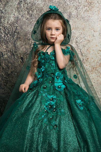Girls 3D Floral Glitter Cloak Ball Gown by Bella Princess PK1002