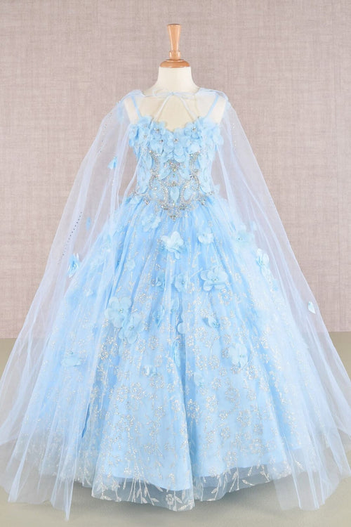 Girls 3D Floral Sleeveless Cloak Gown by Elizabeth K GK105 - 2 / Baby Blue - Girls Formal Dresses