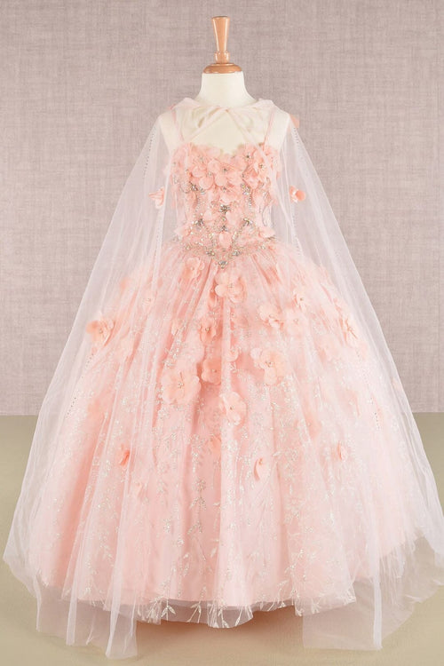 Girls 3D Floral Sleeveless Cloak Gown by Elizabeth K GK105 - 2 / Blush - Girls Formal Dresses