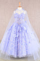 Girls 3D Floral Sleeveless Cloak Gown by Elizabeth K GK105 - 2 / Lilac - Girls Formal Dresses