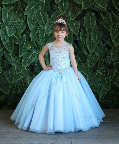Girls Long Beaded Illusion Dress with A-Line Skirt by Calla KY220