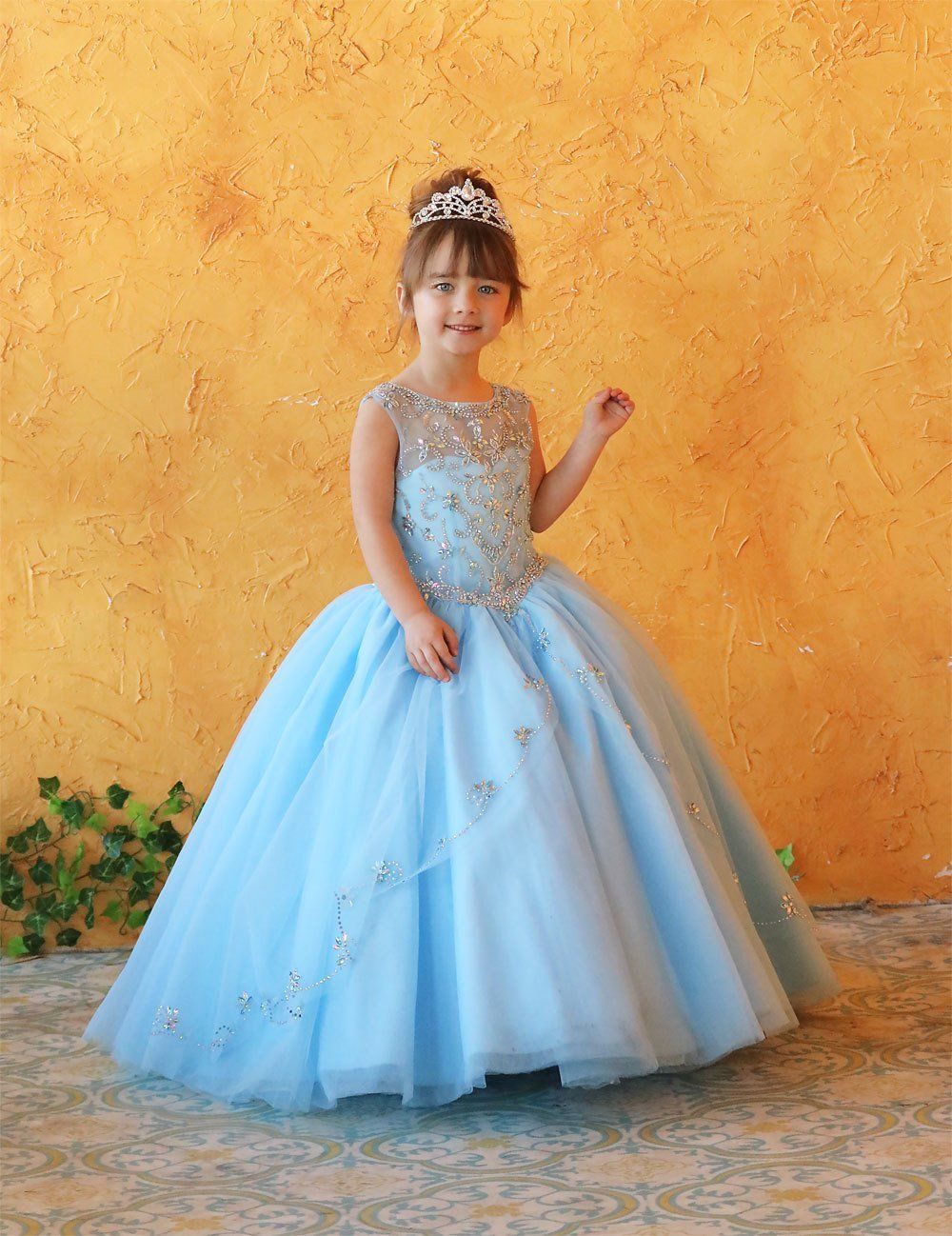 Girls Long Beaded Illusion Dress with A-Line Skirt by Calla KY220