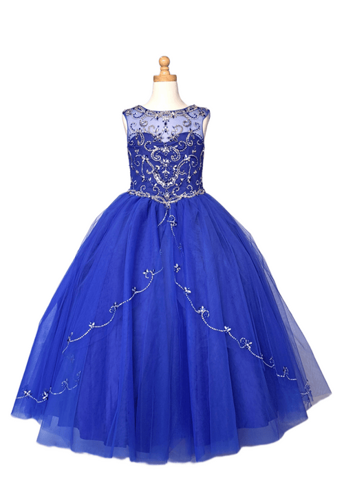 Girls Long Beaded Illusion Dress with A-Line Skirt by Calla KY220