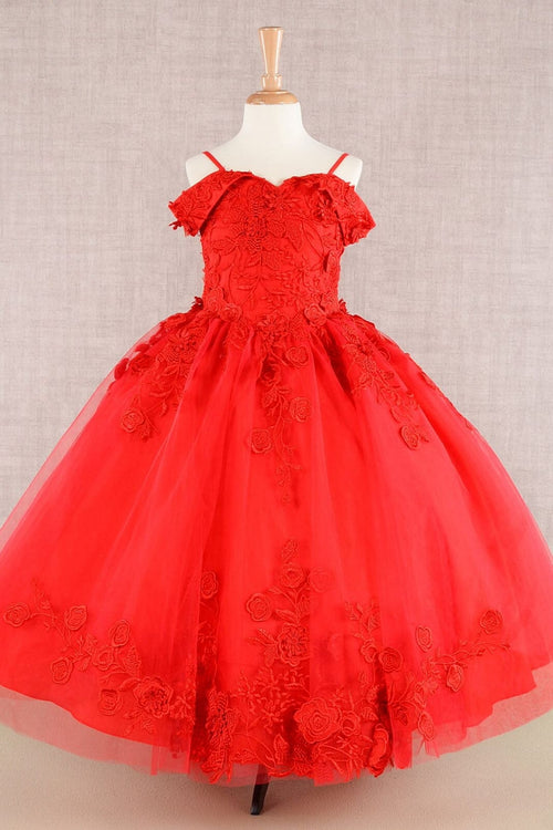 Girls Embroidered Cold Shoulder Gown by Elizabeth K GK112 - 2 / Red - Girls Formal Dresses