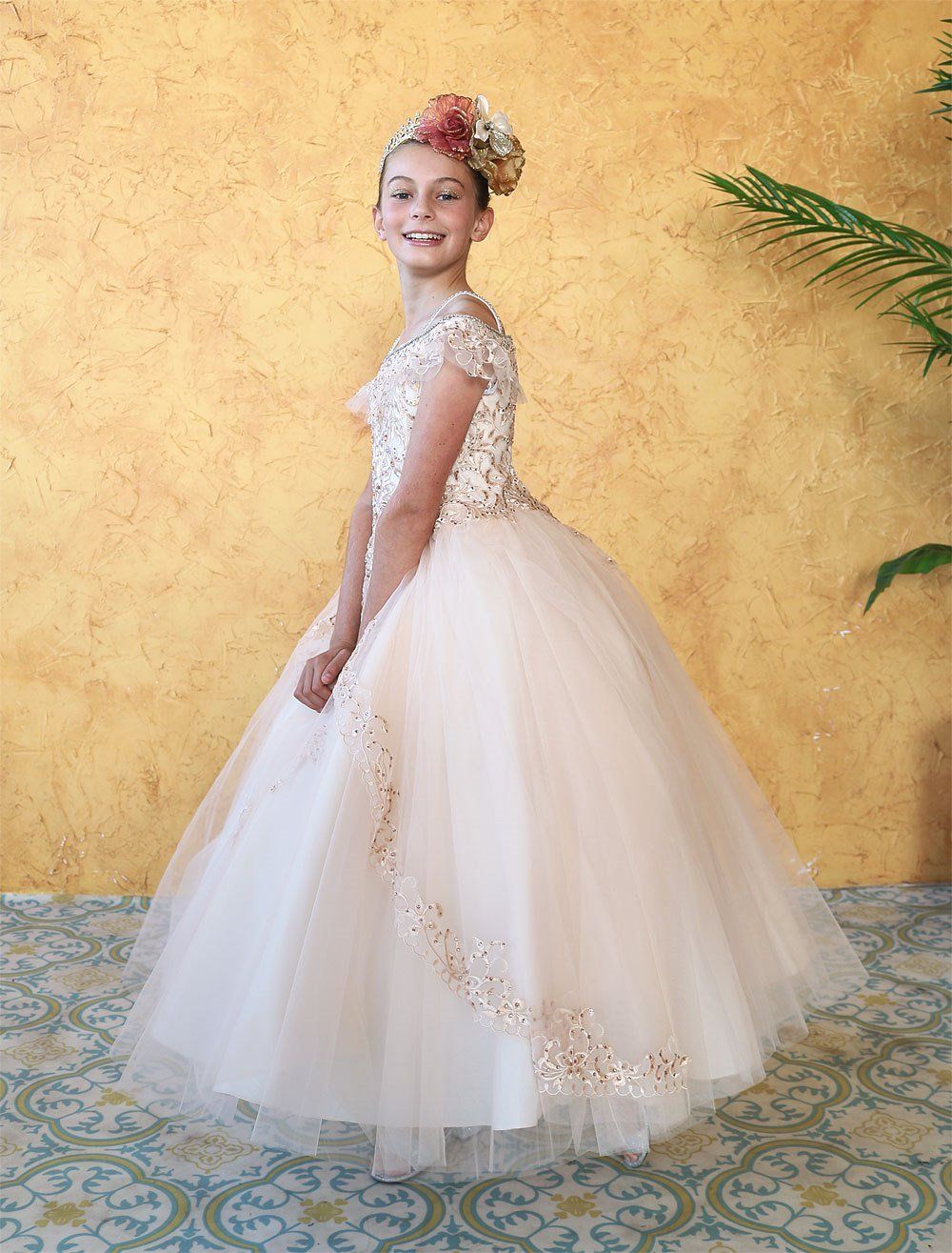 Girls Embroidered Long Off Shoulder Dress by Calla KY216