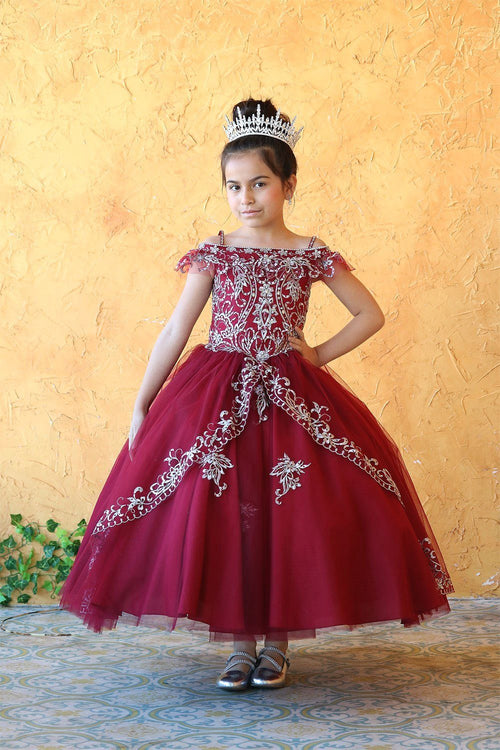 Girls Embroidered Long Off Shoulder Dress by Calla KY216