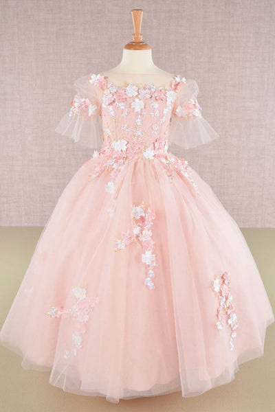 Girls Embroidered Short Sleeve Gown by Elizabeth K GK107 - 2 / Blush - Girls Formal Dresses