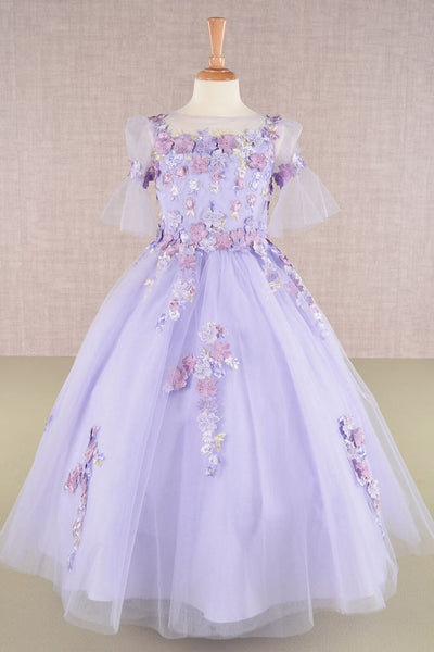 Girls Embroidered Short Sleeve Gown by Elizabeth K GK107 - 2 / Lavender - Girls Formal Dresses