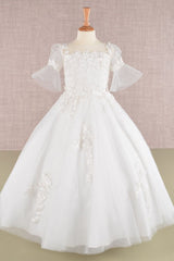Girls Embroidered Short Sleeve Gown by Elizabeth K GK107 - 2 / Off White - Girls Formal Dresses