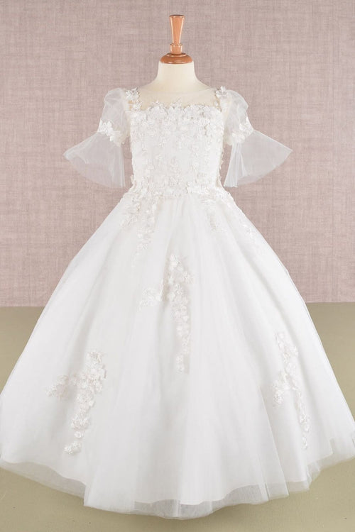 Girls Embroidered Short Sleeve Gown by Elizabeth K GK107 - 2 / Off White - Girls Formal Dresses