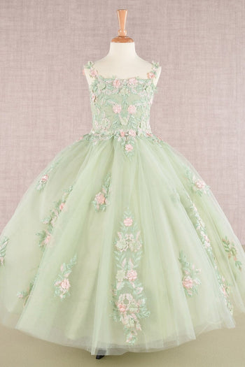 Girls Floral Applique Sleeveless Gown by Elizabeth K GK109 - 2 / Sage - Girls Formal Dresses