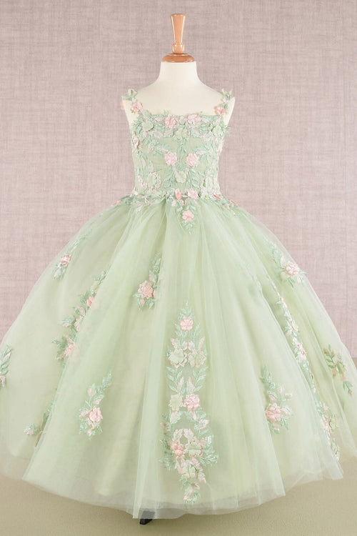 Girls Floral Applique Sleeveless Gown by Elizabeth K GK109 - 2 / Sage - Girls Formal Dresses