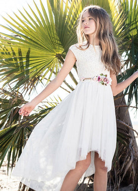 Girls High Low Dress with Lace Bodice and Floral Belt by Calla SLD1177