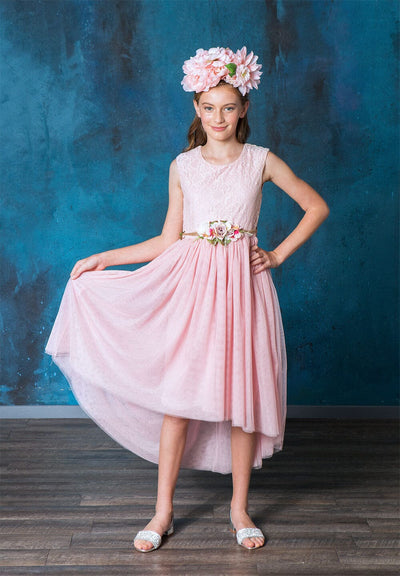 Girls High Low Dress with Lace Bodice and Floral Belt by Calla SLD1177