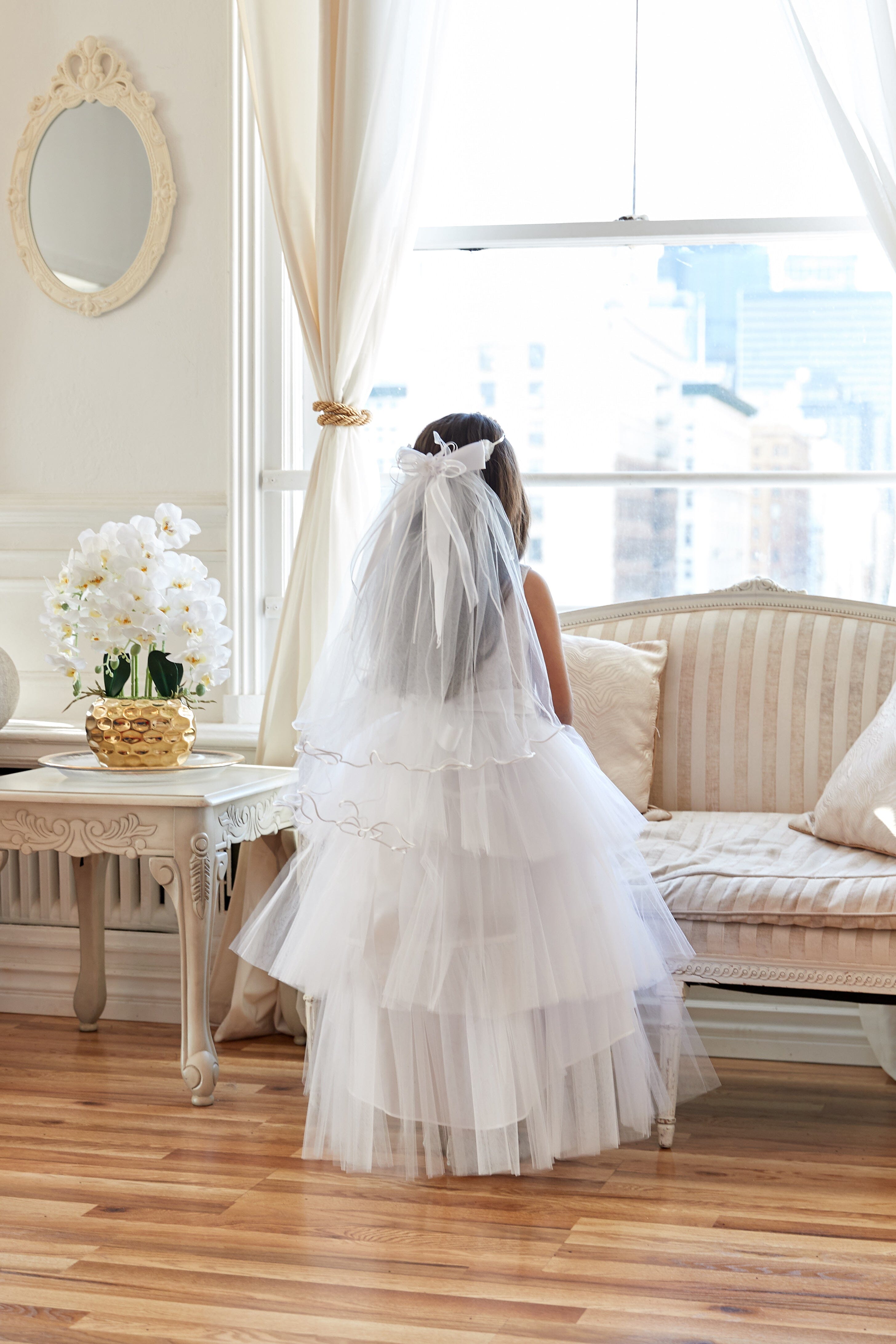 Calla D825 Girls Layered High-Low Dress with Lace Bodice