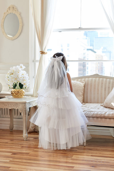 Calla D825 Girls Layered High-Low Dress with Lace Bodice