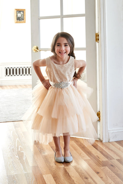Calla D825 Girls Layered High-Low Dress with Lace Bodice