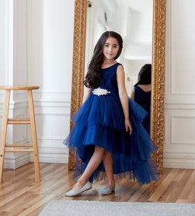 Calla D825 Girls Layered High-Low Dress with Lace Bodice