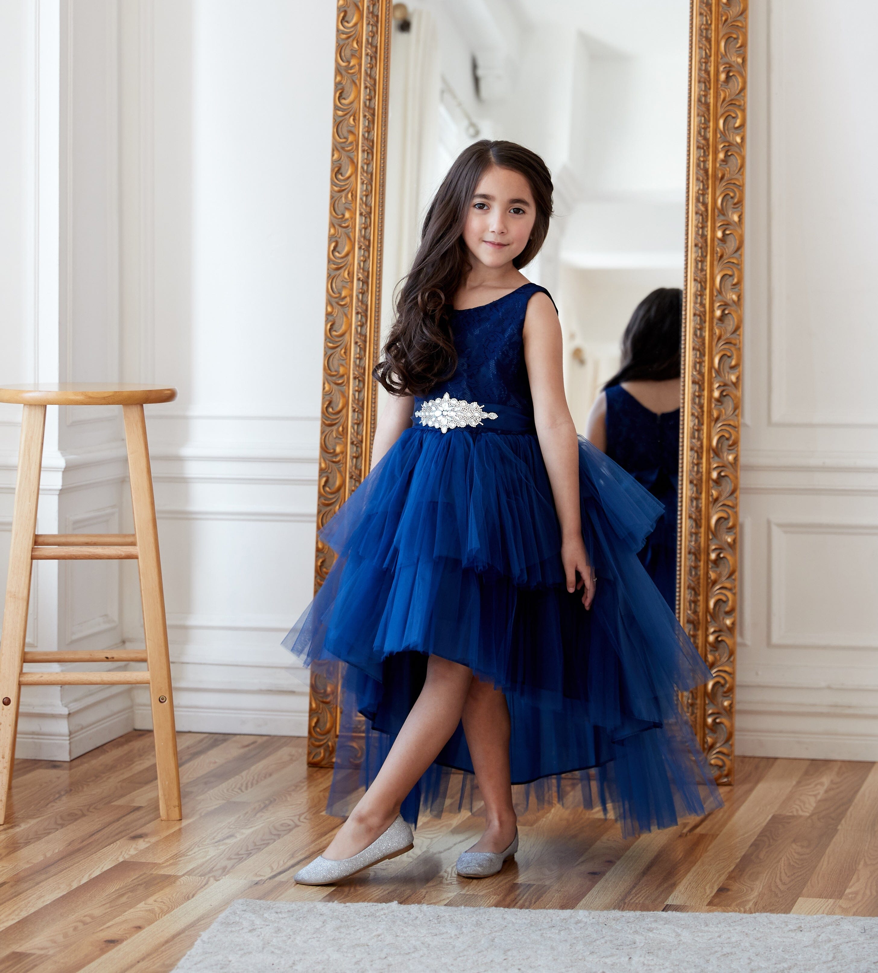 Calla D825 Girls Layered High-Low Dress with Lace Bodice