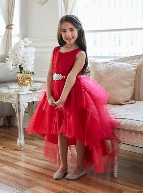Calla D825 Girls Layered High-Low Dress with Lace Bodice