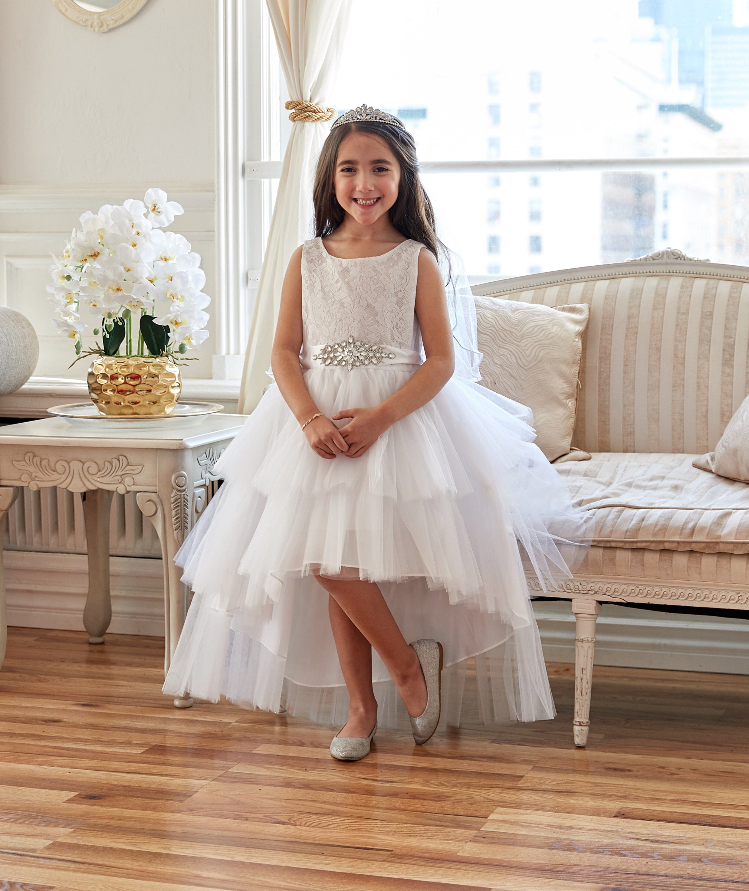 Calla D825 Girls Layered High-Low Dress with Lace Bodice